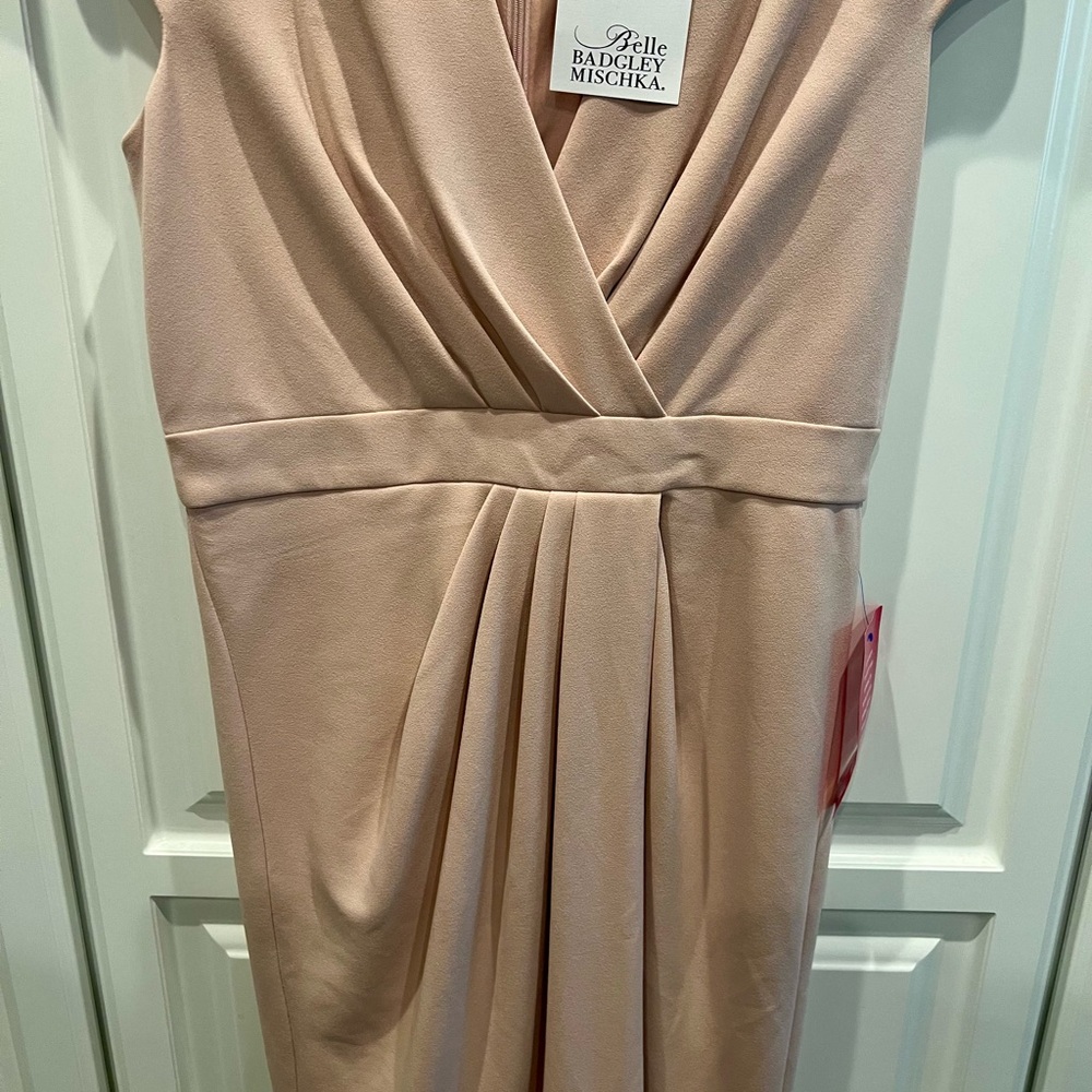 Never worn. Classic v-neck, pleated crepe gown, cap sleeve. Soft pink/mauve.